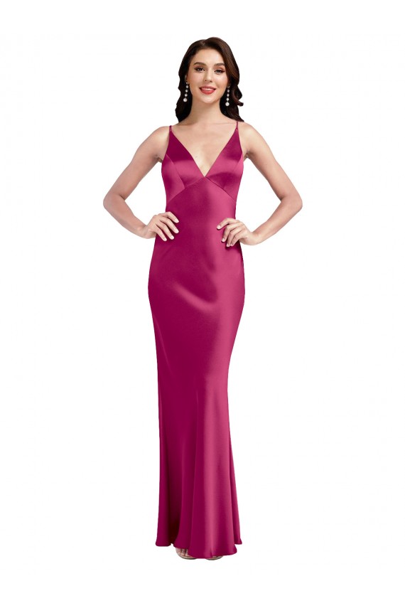 Fucsia Linea A Sottili Scollatura a V Raso Elastico Lunga Formali Abiti da damigella donore / Abiti da sera / Abiti da ballo Outlet