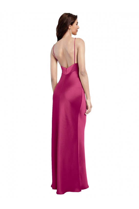 Fucsia Linea A Sottili Scollatura a V Raso Elastico Lunga Formali Abiti da damigella donore / Abiti da sera / Abiti da ballo Outlet