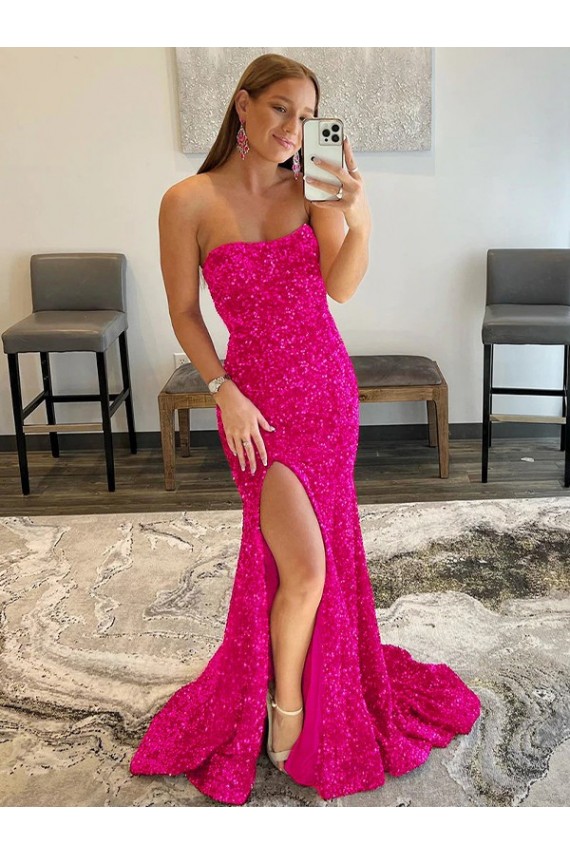 Fucsia Tubino Senza spalline Sweep treno Paillettes Velluto Lunga Abiti da ballo Outlet