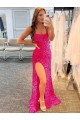 Fucsia Tubino Sottili Sweep treno Paillettes Velluto Lunga Abiti da ballo Outlet