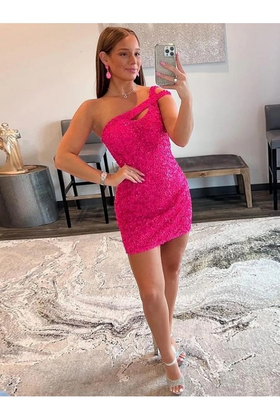 Fucsia Tubino Una spalla Corto Paillettes Velluto Corto Abiti da ballo Outlet