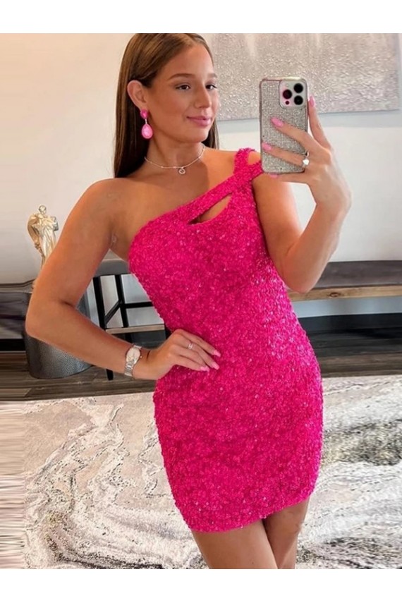 Fucsia Tubino Una spalla Corto Paillettes Velluto Corto Abiti da ballo Outlet