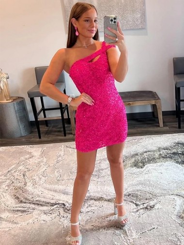 Fucsia Tubino Una spalla Corto Paillettes Velluto Corto Abiti da ballo Outlet