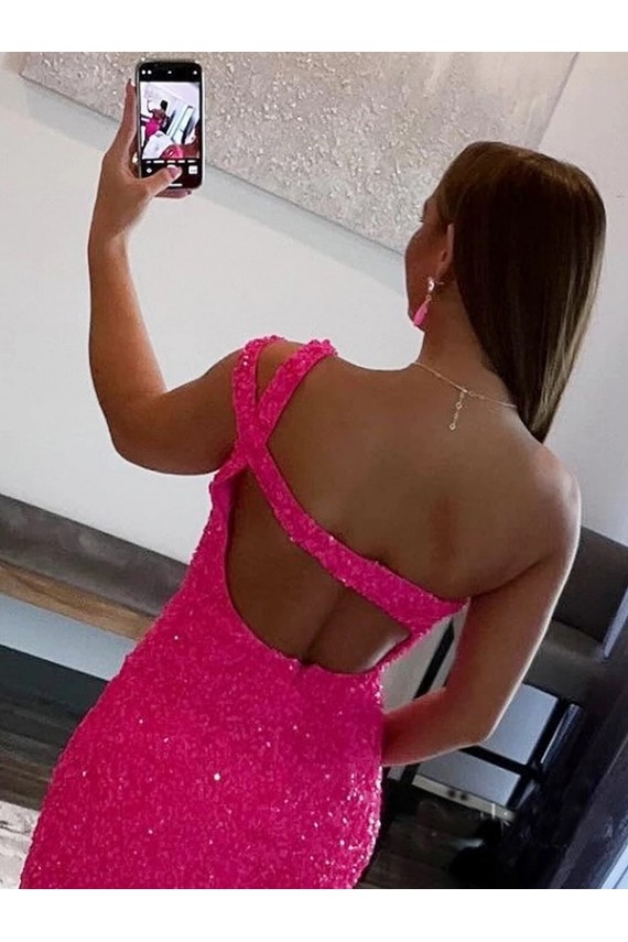 Fucsia Tubino Una spalla Corto Paillettes Velluto Corto Abiti da ballo Outlet