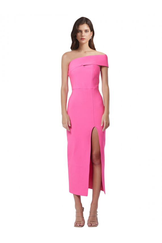 Fucsia Tubino Una spalla Midi Crespo Elastico Lunga Formali Abiti da damigella donore / Abiti da sera / Abiti da cocktail Outlet