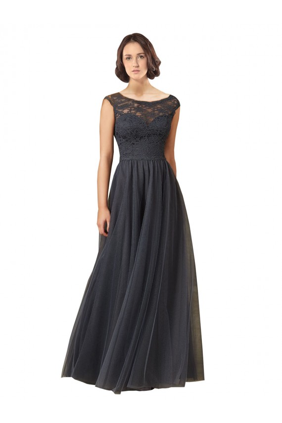 Grigio ardesia Linea A Barca Tulle Pizzo Lunga Abiti da damigella donore Outlet