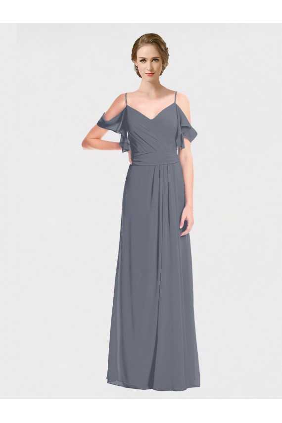 Grigio ardesia Linea A Scollatura a V Chiffona Lunga Abiti da damigella donore Outlet