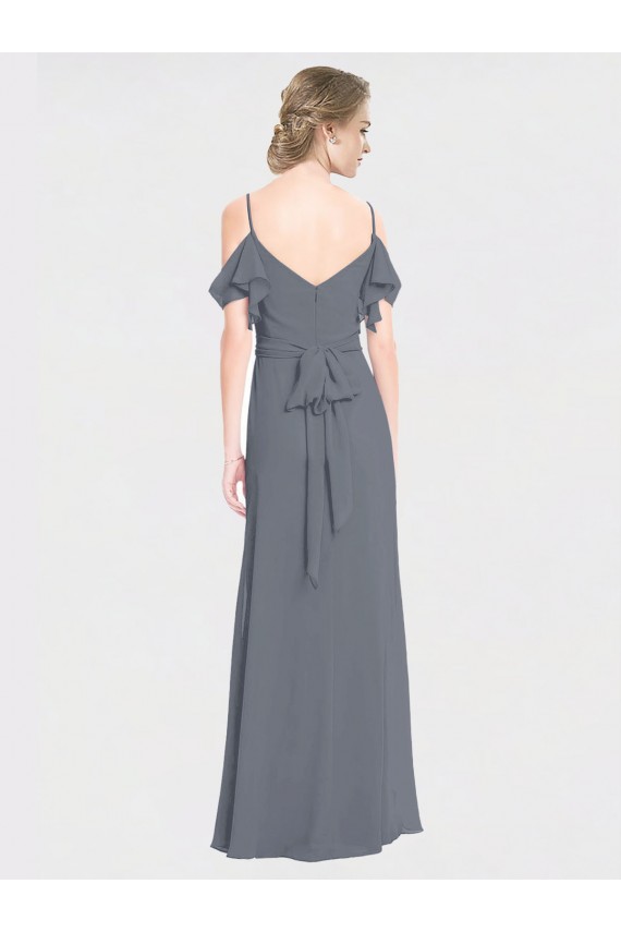 Grigio ardesia Linea A Scollatura a V Chiffona Lunga Abiti da damigella donore Outlet