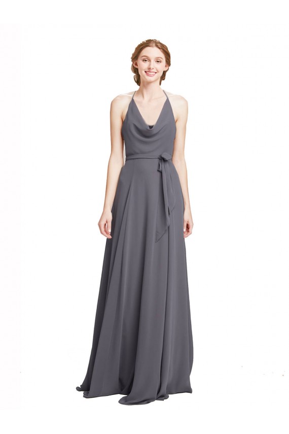 Grigio ardesia Linea A Sottili Capestro Chiffona Lunga Abiti da damigella donore Outlet