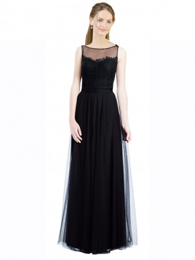 Nero Linea A Barca Illusione Tulle Pizzo Lunga Abiti da damigella donore Outlet