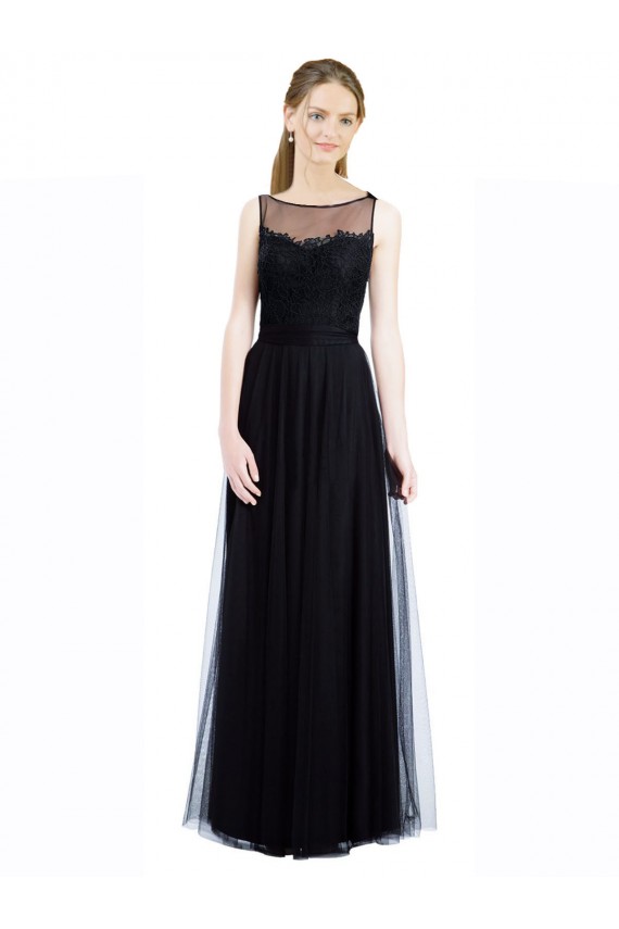 Nero Linea A Barca Illusione Tulle Pizzo Lunga Abiti da damigella donore Outlet