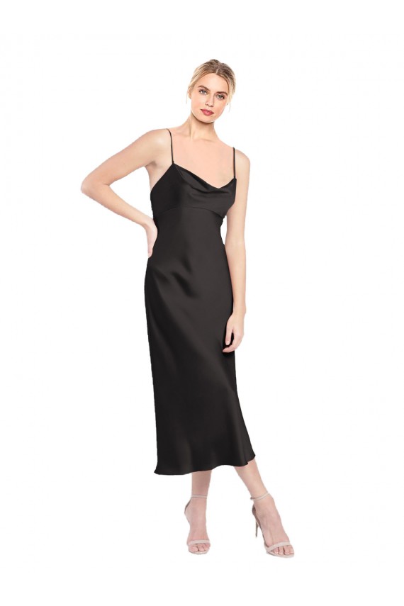 Nero Linea A Sottili Cappuccio Midi Raso Elastico Corto Abiti da damigella donore / Abiti da sera / Abiti da cocktail Outlet