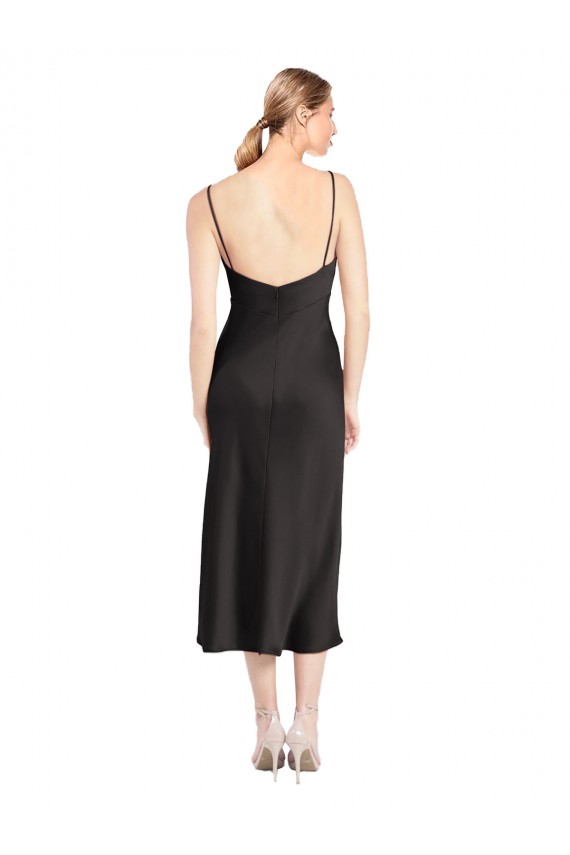Nero Linea A Sottili Cappuccio Midi Raso Elastico Corto Abiti da damigella donore / Abiti da sera / Abiti da cocktail Outlet