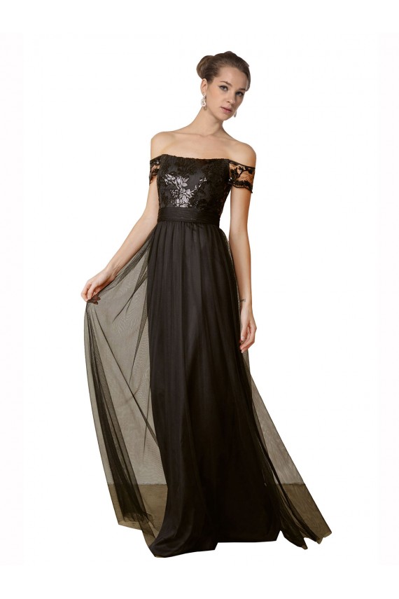 Nero Linea A Tulle Paillettes Lunga Abiti da damigella donore Outlet