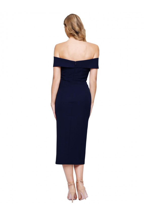 Blu marino scuro Stile sirena Midi Crespo Elastico Corto Abiti da damigella donore / Abiti da sera / Abiti da cocktail Outlet