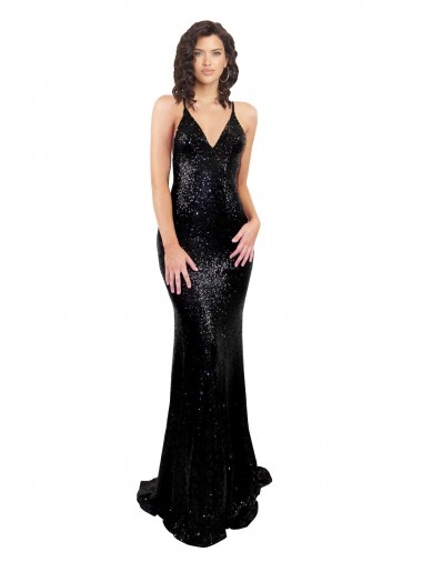 Nero Stile sirena Scollatura a V Paillettes Lunga Formali Abiti da damigella donore / Abiti da sera / Abiti da ballo Outlet