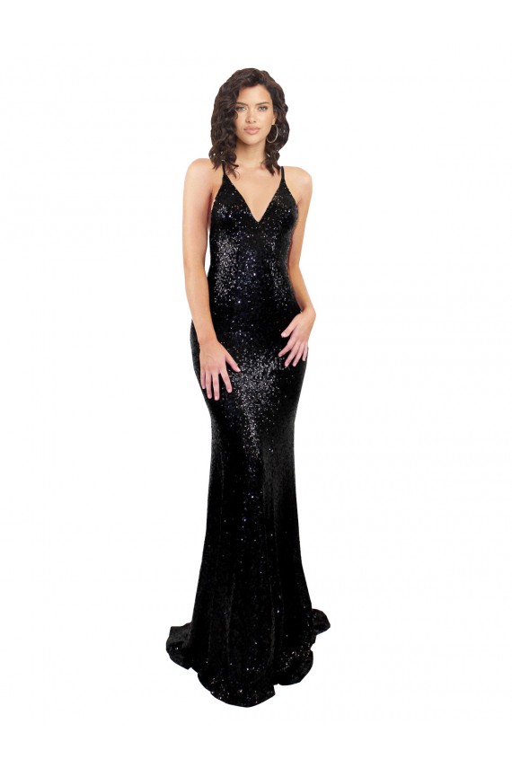 Nero Stile sirena Scollatura a V Paillettes Lunga Formali Abiti da damigella donore / Abiti da sera / Abiti da ballo Outlet