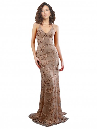 Oro rosa Stile sirena Alto Collo Crespo Elastico Paillettes Tulle Lunga Formali Abiti da damigella donore / Abiti da sera / Abiti da ballo Outlet