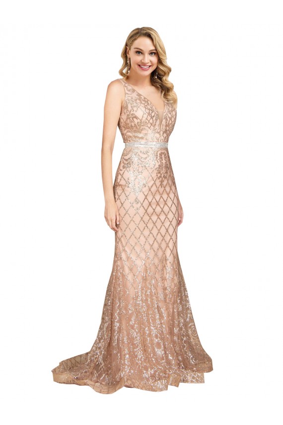 Oro rosa Stile sirena Scollatura a V Paillettes Paillettes Scintillanti Lunga Formali Abiti da damigella donore / Abiti da sera / Abiti da ballo Outlet