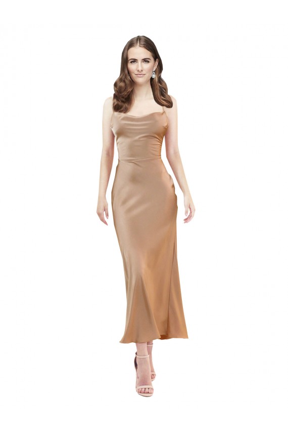 Oro rosa Tubino Cappuccio Midi Raso Setoso Corto Abiti da damigella donore / Abiti da sera / Abiti da cocktail Outlet