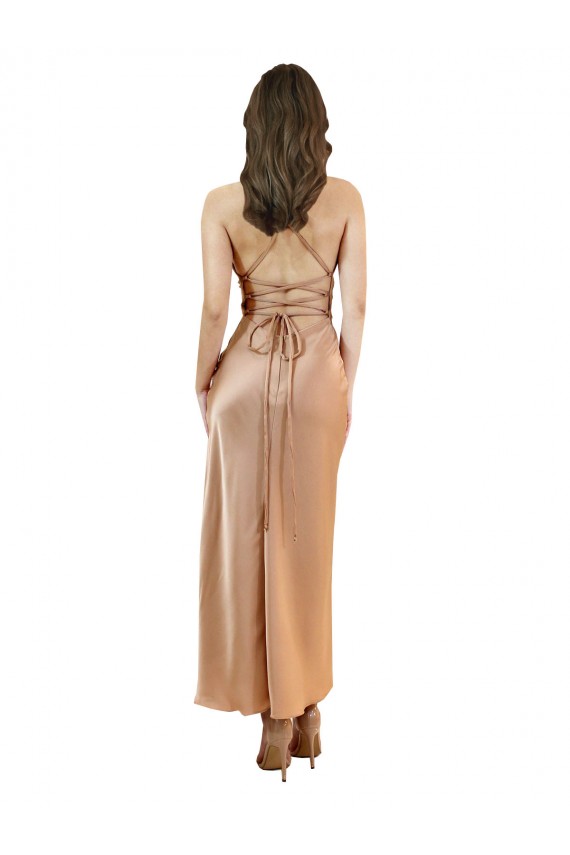Oro rosa Tubino Cappuccio Midi Raso Setoso Corto Abiti da damigella donore / Abiti da sera / Abiti da cocktail Outlet