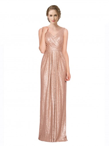 Oro rosa Tubino Scollatura a V Paillettes Lunga Formali Abiti da damigella donore / Abiti da sera / Abiti da ballo Outlet