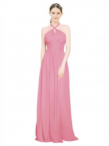 Pelle rosa Linea A Capestro Scollatura a V Chiffona Lunga Abiti da damigella donore Outlet