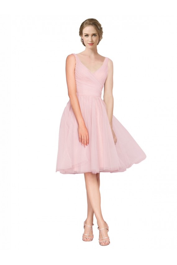 Rosa Linea A Scollatura a V Al ginocchio Tulle Corto Abiti da damigella donore / Abiti da cocktail Outlet
