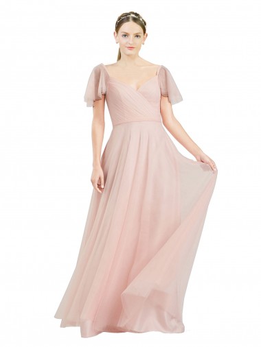 Rosa Linea A Scollatura a V Tulle Lunga Abiti da damigella donore Outlet