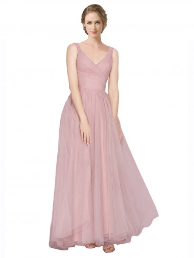 Rosa Linea A Scollatura a V Tulle Lunga Abiti da damigella donore Outlet