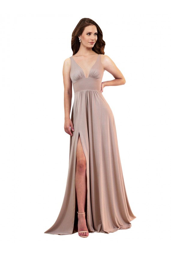 Rosa polveroso Linea A Scollatura a V Spandex Lunga Formali Abiti da damigella donore / Abiti da sera / Abiti da ballo Outlet