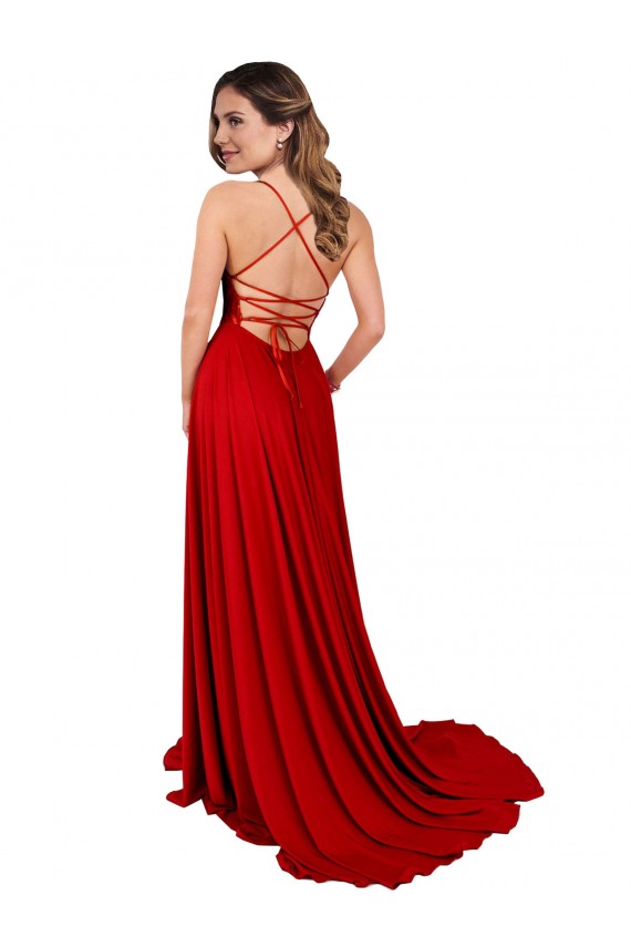 Rosso Linea A Sottili Piazza Spandex Pizzo Lunga Abiti da damigella donore / Abiti da ballo Outlet