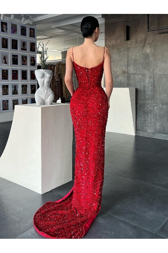 Rosso Tubino Scollatura a V Sweep treno Paillettes Velluto Lunga Abiti da ballo Outlet