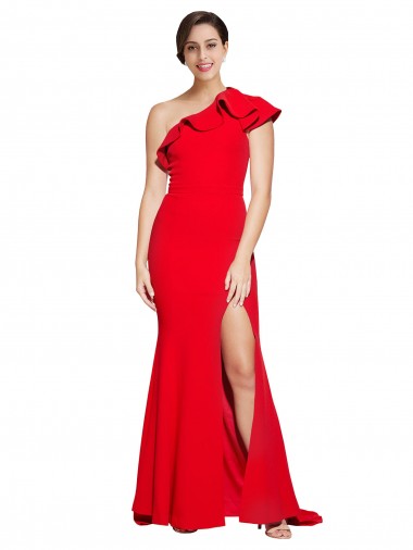 Rosso Tubino Una spalla Sweep treno Crespo Elastico Lunga Abiti da damigella donore / Abiti da ballo Outlet