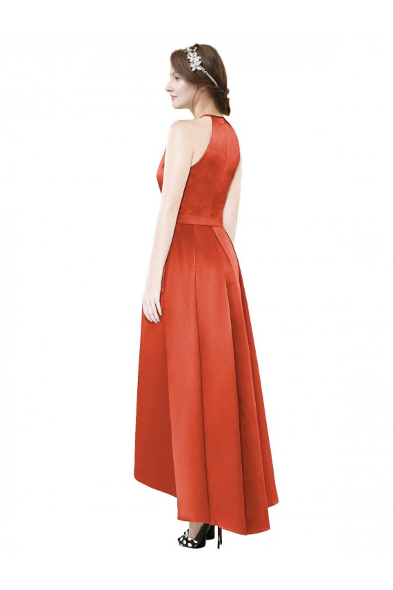 Rosso speziato Linea A Capestro Raso Lunga Asimmetrico Abiti da damigella donore Outlet