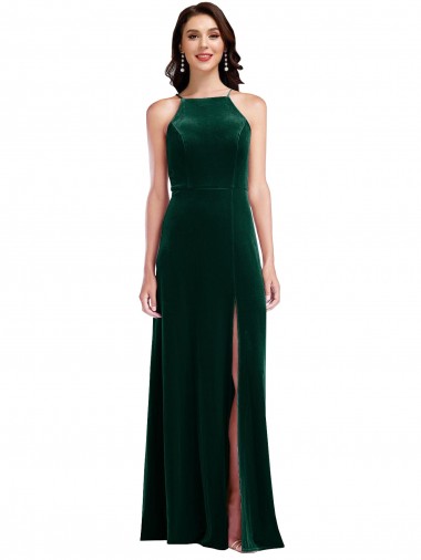 Verde Scuro Linea A Capestro Alto Collo Velluto Elastico Lunga Abiti da damigella donore / Abiti da ballo Outlet
