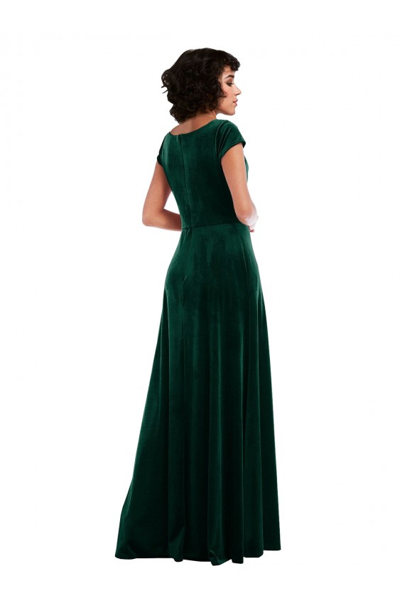 Verde Scuro Linea A Cappuccio Velluto Elastico Lunga Abiti da damigella donore / Abiti da ballo Outlet
