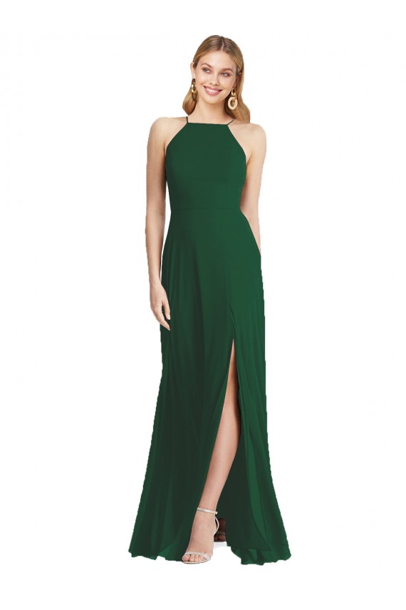 Verde Scuro Linea A Sottili Alto Collo Chiffona Lunga Abiti da damigella donore Outlet