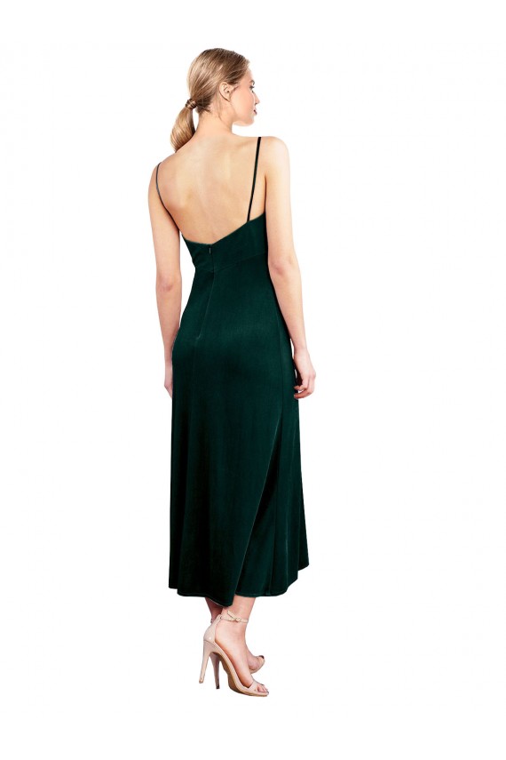 Verde Scuro Linea A Sottili Cappuccio Midi Velluto Elastico Corto Abiti da damigella donore / Abiti da ballo / Abiti da cocktail Outlet
