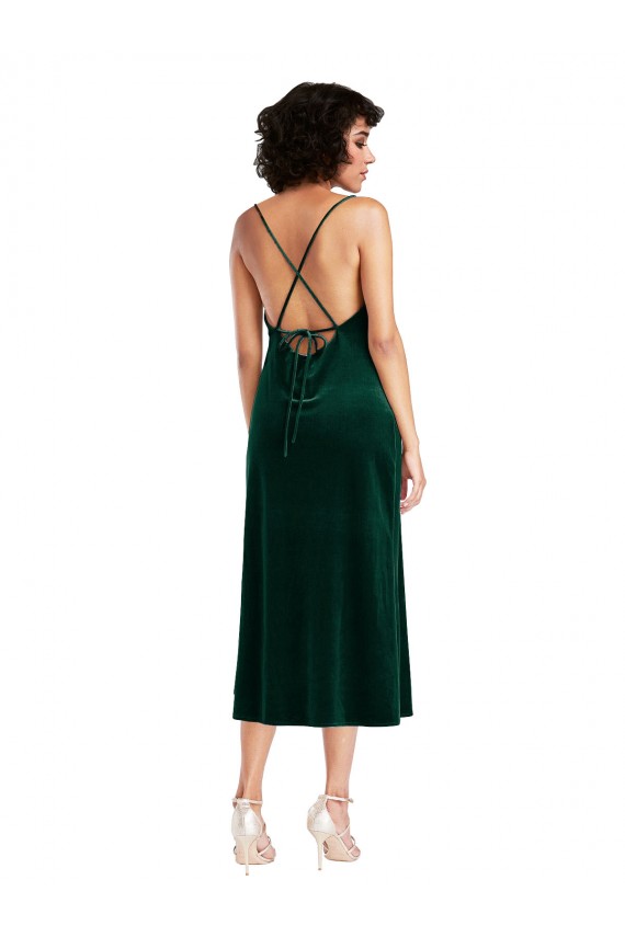 Verde Scuro Tubino Cappuccio Midi Velluto Elastico Corto Abiti da damigella donore / Abiti da sera / Abiti da cocktail Outlet