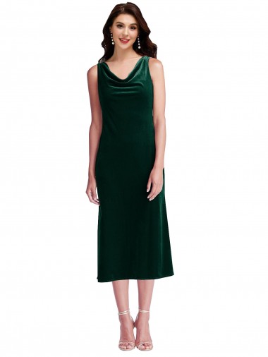 Verde Scuro Tubino Cappuccio Midi Velluto Elastico Corto Abiti da damigella donore / Abiti da ballo / Abiti da cocktail Outlet