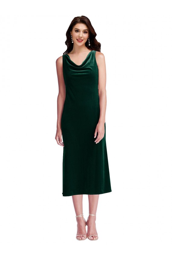 Verde Scuro Tubino Cappuccio Midi Velluto Elastico Corto Abiti da damigella donore / Abiti da ballo / Abiti da cocktail Outlet