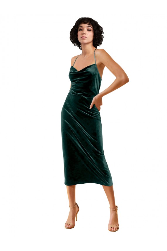 Verde Scuro Tubino Sottili Cappuccio Midi Velluto Elastico Corto Abiti da damigella donore / Abiti da sera / Abiti da cocktail Outlet