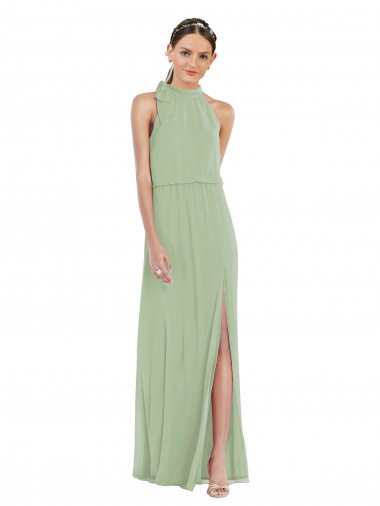 Verde fumo Linea A Alto Collo Chiffona Lunga Abiti da damigella donore Outlet
