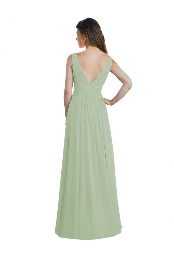 Verde fumo Linea A Scollatura a V Chiffona Lunga Abiti da damigella donore Outlet
