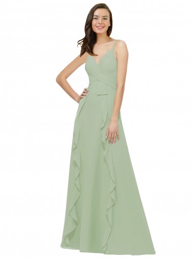 Verde fumo Linea A Sottili Scollatura a V Chiffona Lunga Abiti da damigella donore Outlet