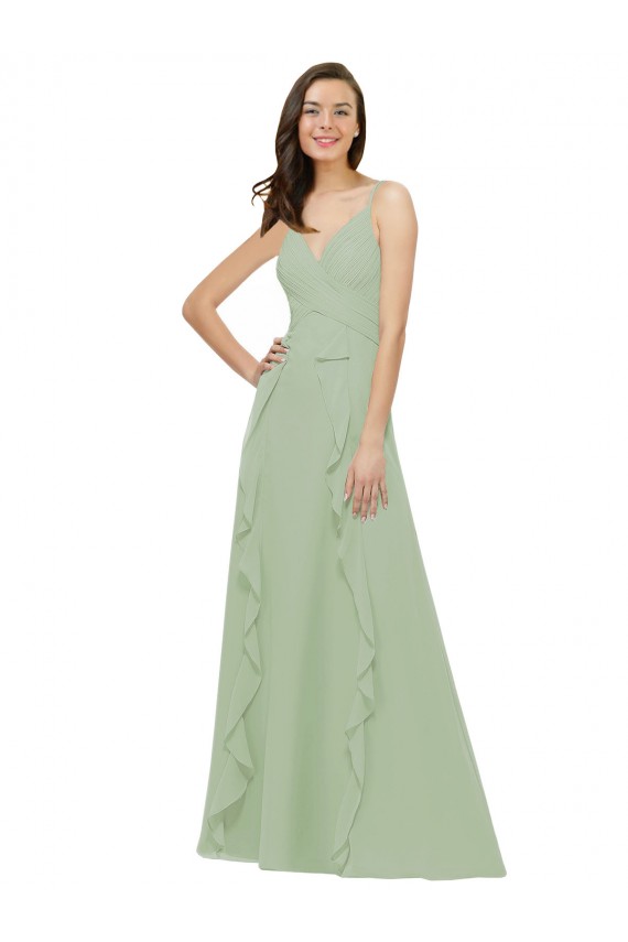 Verde fumo Linea A Sottili Scollatura a V Chiffona Lunga Abiti da damigella donore Outlet