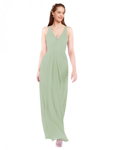 Verde fumo Tubino Scollatura a V Chiffona Lunga Abiti da damigella donore Outlet