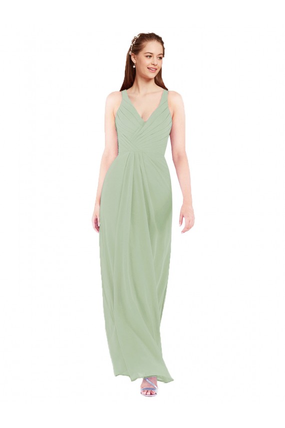 Verde fumo Tubino Scollatura a V Chiffona Lunga Abiti da damigella donore Outlet