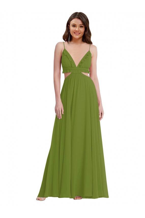 Verde oliva Linea A Scollatura a V Chiffona Lunga Abiti da damigella donore Outlet